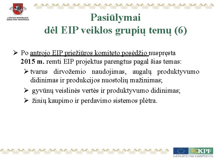 Pasiūlymai dėl EIP veiklos grupių temų (6) Ø Po antrojo EIP priežiūros komiteto posėdžio