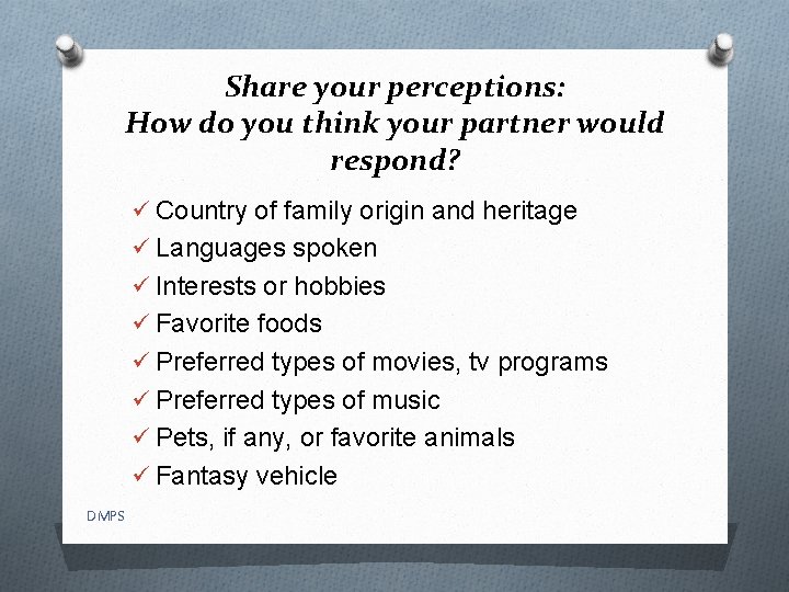 Share your perceptions: How do you think your partner would respond? ü Country of