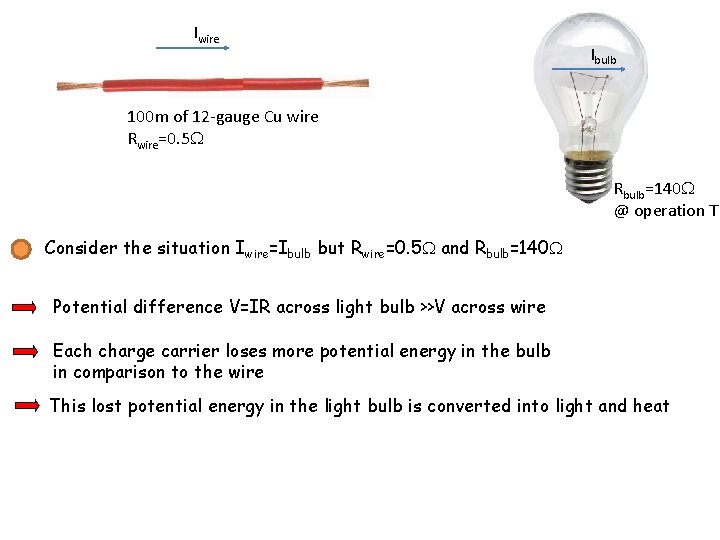 Iwire Ibulb 100 m of 12 -gauge Cu wire Rwire=0. 5 Rbulb=140 @ operation Iwire Ibulb 100 m of 12 -gauge Cu wire Rwire=0. 5 Rbulb=140 @ operation