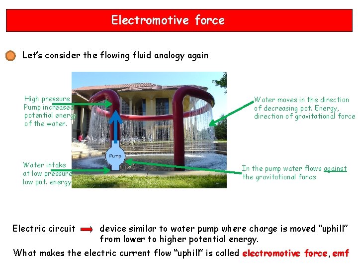 Electromotive force Let’s consider the flowing fluid analogy again High pressure Pump increased potential Electromotive force Let’s consider the flowing fluid analogy again High pressure Pump increased potential