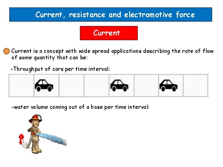 Current, resistance and electromotive force Current is a concept with wide spread applications describing Current, resistance and electromotive force Current is a concept with wide spread applications describing