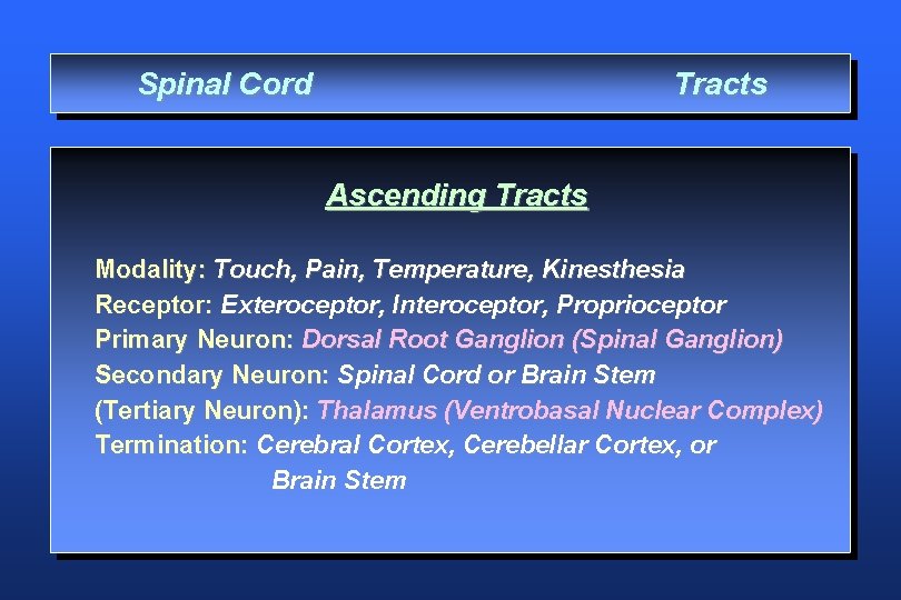 Spinal Cord Tracts Ascending Tracts Modality: Touch, Pain, Temperature, Kinesthesia Receptor: Exteroceptor, Interoceptor, Proprioceptor