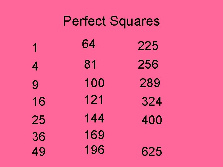 Perfect Squares 1 4 9 16 25 36 49 64 225 81 100 121 Perfect Squares 1 4 9 16 25 36 49 64 225 81 100 121