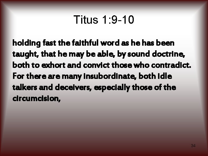 Titus 1: 9 -10 holding fast the faithful word as he has been taught,