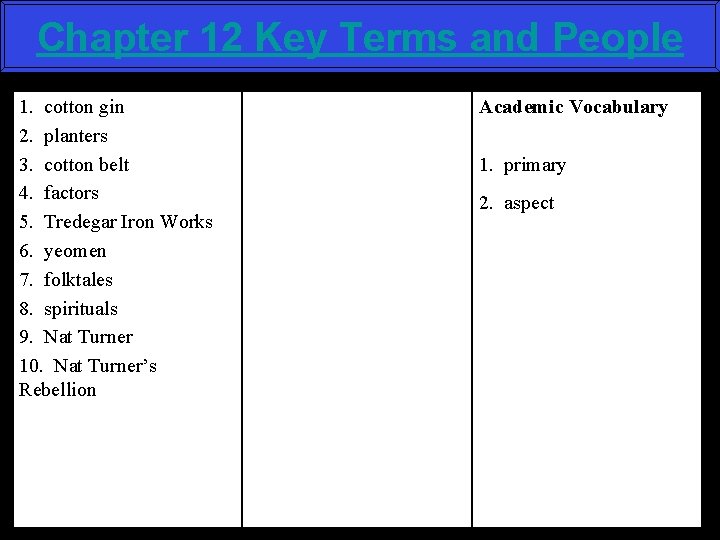 Chapter 12 Key Terms and People 1. cotton gin 2. planters 3. cotton belt