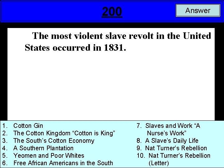 200 Answer The most violent slave revolt in the United States occurred in 1831.