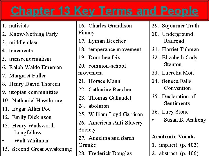 Chapter 13 Key Terms and People 1. nativists 2. Know-Nothing Party 3. middle class