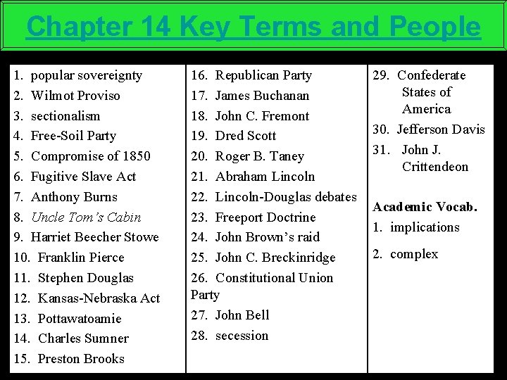 Chapter 14 Key Terms and People 1. popular sovereignty 2. Wilmot Proviso 3. sectionalism