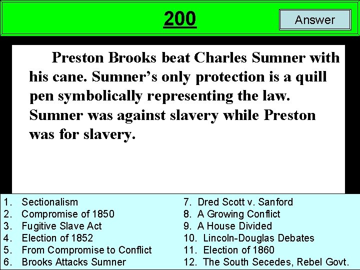 200 Answer Preston Brooks beat Charles Sumner with his cane. Sumner’s only protection is