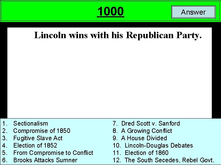 1000 Answer Lincoln wins with his Republican Party. 1. 2. 3. 4. 5. 6.