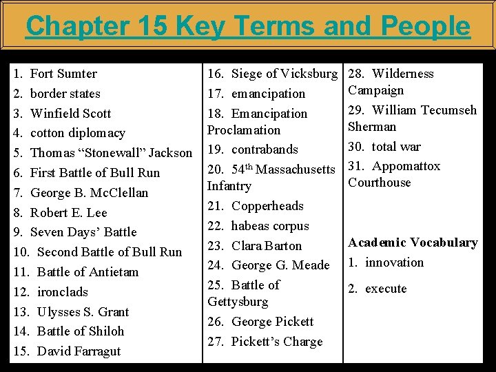 Chapter 15 Key Terms and People 1. Fort Sumter 2. border states 3. Winfield