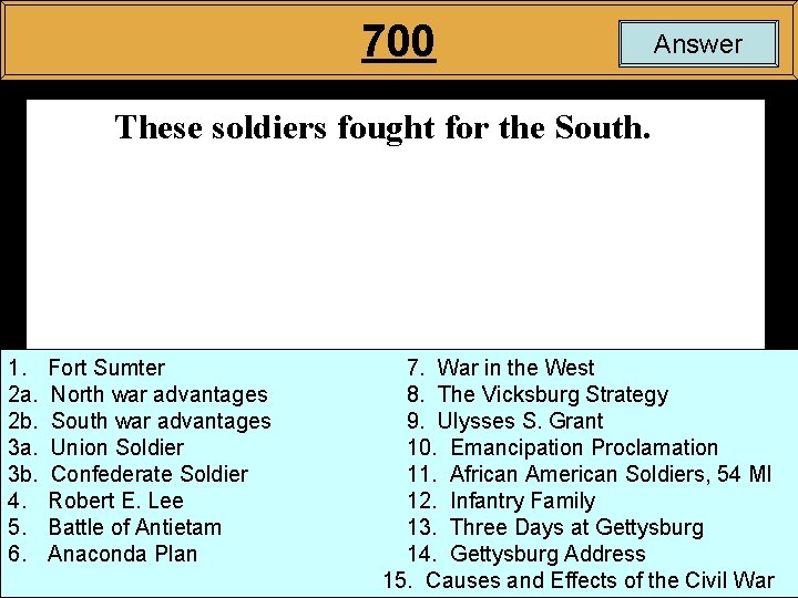 700 Answer These soldiers fought for the South. 1. 2 a. 2 b. 3