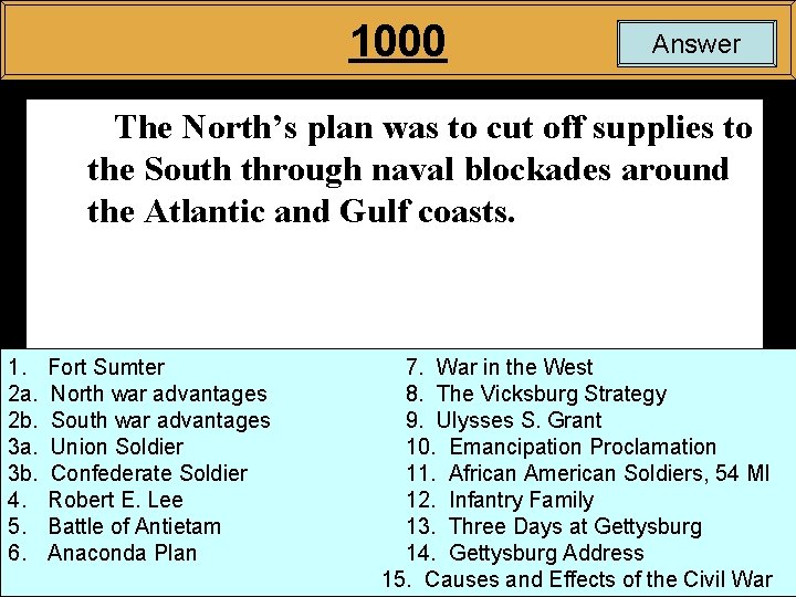 1000 Answer The North’s plan was to cut off supplies to the South through