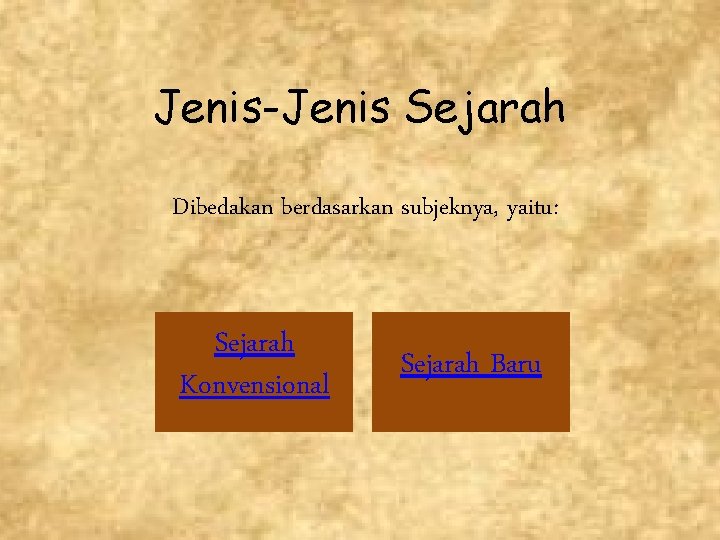 Jenis-Jenis Sejarah Dibedakan berdasarkan subjeknya, yaitu: Sejarah Konvensional Sejarah Baru 