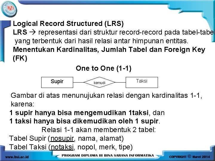 Logical Record Structured (LRS) LRS representasi dari struktur record-record pada tabel-tabel yang terbentuk dari