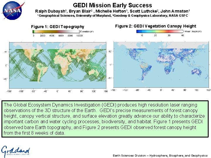 GEDI Mission Early Success Ralph Dubayah 1, 1 Geographical Bryan Blair 2 , Michelle