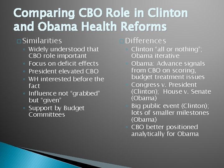 Comparing CBO Role in Clinton and Obama Health Reforms � Similarities ◦ Widely understood