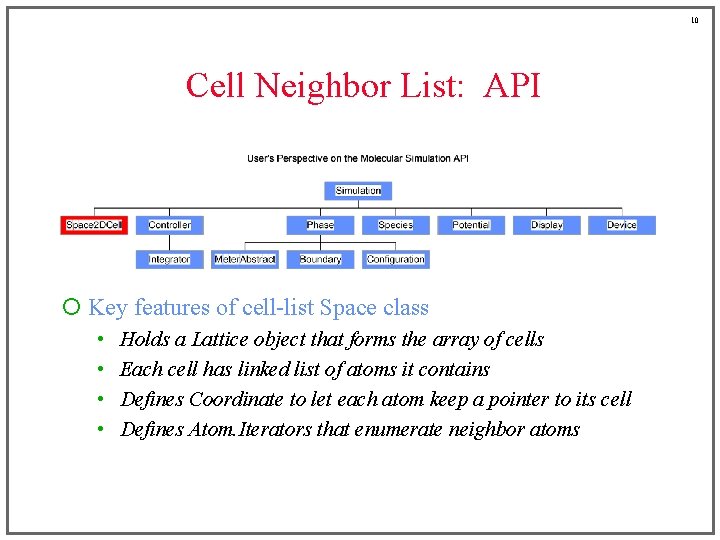 10 Cell Neighbor List: API ¡ Key features of cell-list Space class • •