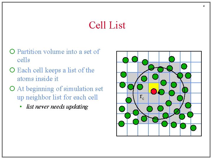 6 Cell List ¡ Partition volume into a set of cells ¡ Each cell