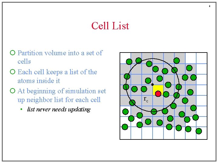 8 Cell List ¡ Partition volume into a set of cells ¡ Each cell