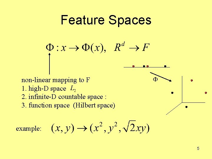 Feature Spaces non-linear mapping to F 1. high-D space 2. infinite-D countable space :