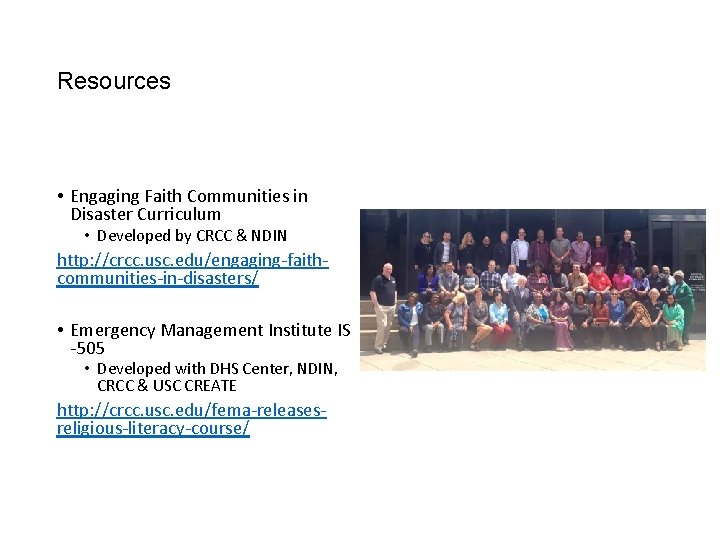 Resources • Engaging Faith Communities in Disaster Curriculum • Developed by CRCC & NDIN