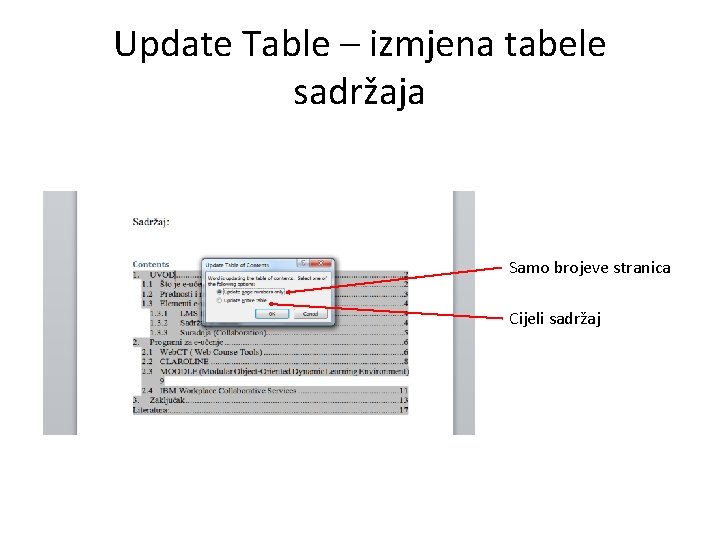 Update Table – izmjena tabele sadržaja Samo brojeve stranica Cijeli sadržaj 