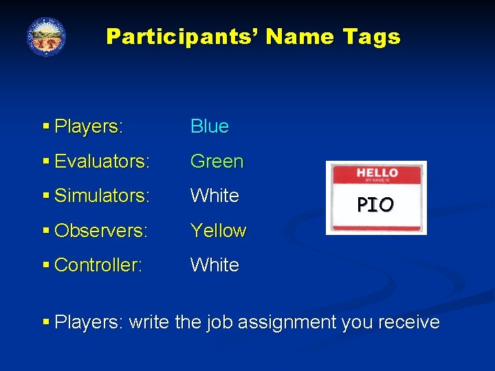 Participants’ Name Tags § Players: Blue § Evaluators: Green § Simulators: White § Observers: