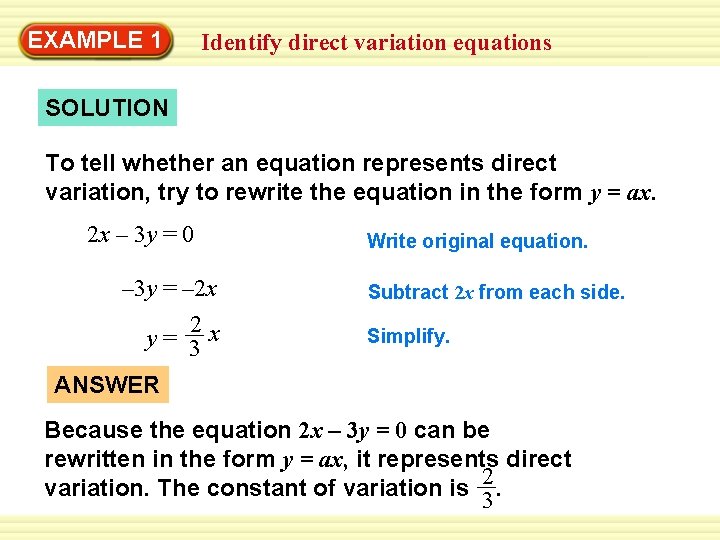 EXAMPLE 1 Identify direct variation equations SOLUTION To tell whether an equation represents direct