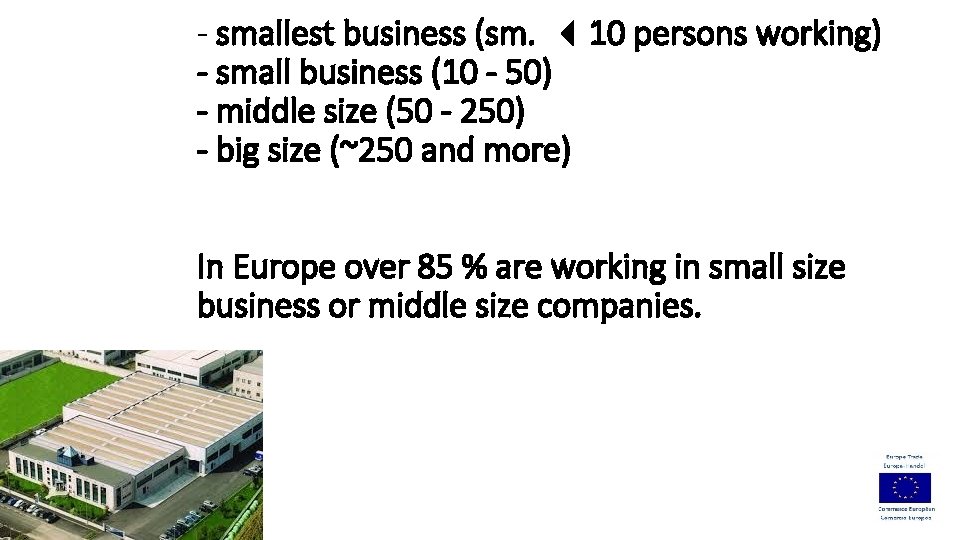 - smallest business (sm. 10 persons working) - small business (10 - 50) -