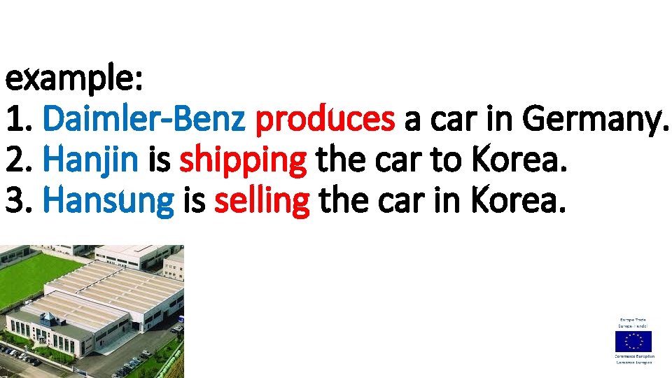 example: 1. Daimler-Benz produces a car in Germany. 2. Hanjin is shipping the car