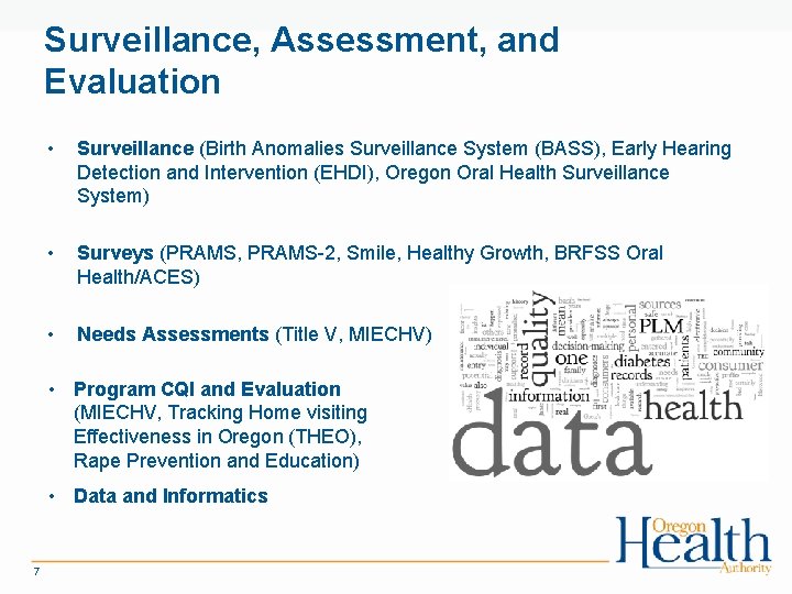 Surveillance, Assessment, and Evaluation • Surveillance (Birth Anomalies Surveillance System (BASS), Early Hearing Detection