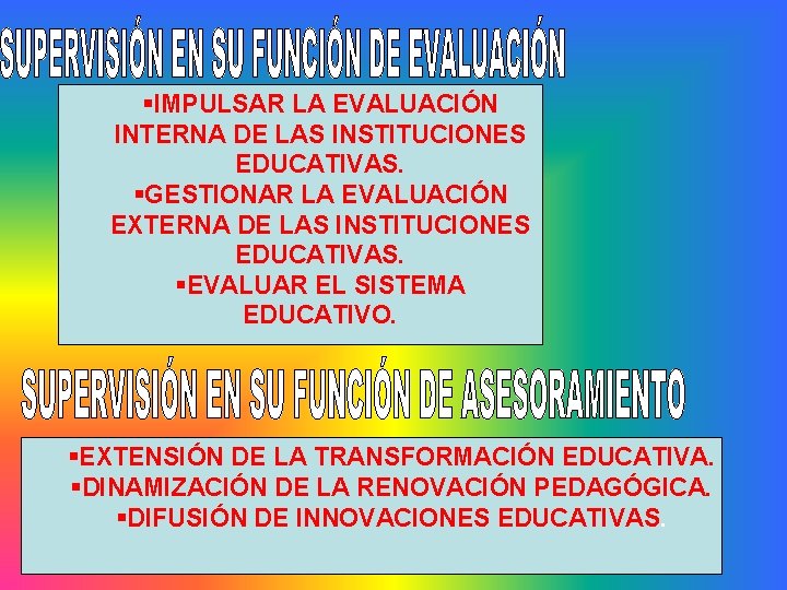 §IMPULSAR LA EVALUACIÓN INTERNA DE LAS INSTITUCIONES EDUCATIVAS. §GESTIONAR LA EVALUACIÓN EXTERNA DE LAS