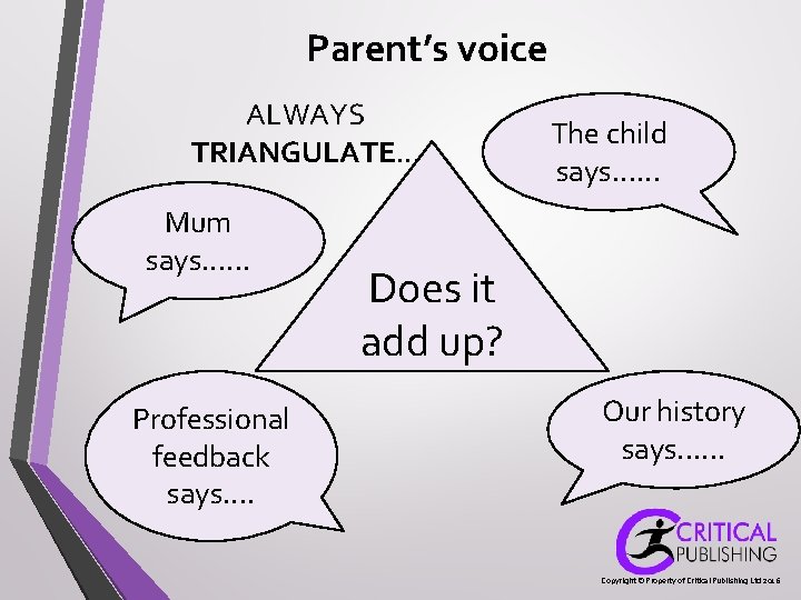 Parent’s voice ALWAYS TRIANGULATE. . . Mum says. . . Professional feedback says. . Parent’s voice ALWAYS TRIANGULATE. . . Mum says. . . Professional feedback says. .