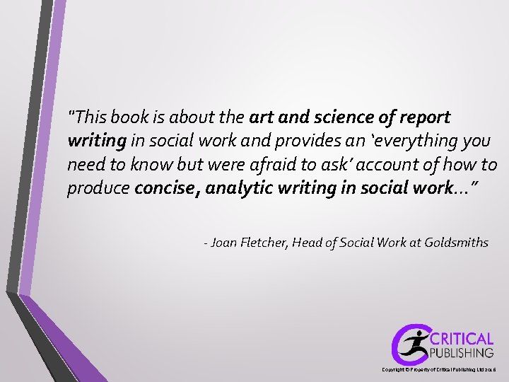 "This book is about the art and science of report writing in social work "This book is about the art and science of report writing in social work