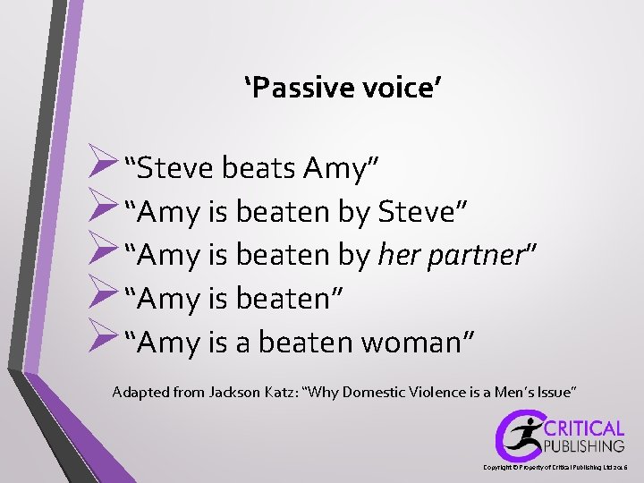 ‘Passive voice’ Ø“Steve beats Amy” Ø“Amy is beaten by Steve” Ø“Amy is beaten by ‘Passive voice’ Ø“Steve beats Amy” Ø“Amy is beaten by Steve” Ø“Amy is beaten by