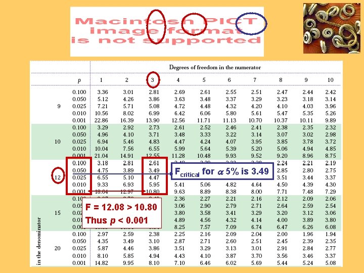 Fcritical for a 5% is 3. 49 F = 12. 08 > 10. 80