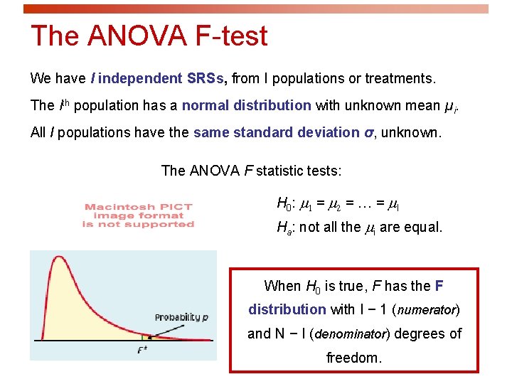 The ANOVA F-test We have I independent SRSs, from I populations or treatments. The