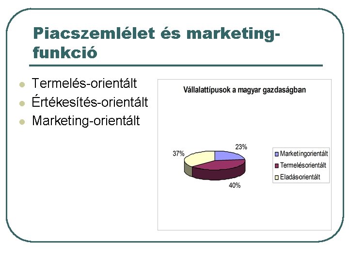 Piacszemlélet és marketingfunkció l l l Termelés-orientált Értékesítés-orientált Marketing-orientált 