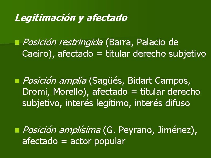 Legitimación y afectado n Posición restringida (Barra, Palacio de n Posición amplia (Sagüés, Bidart