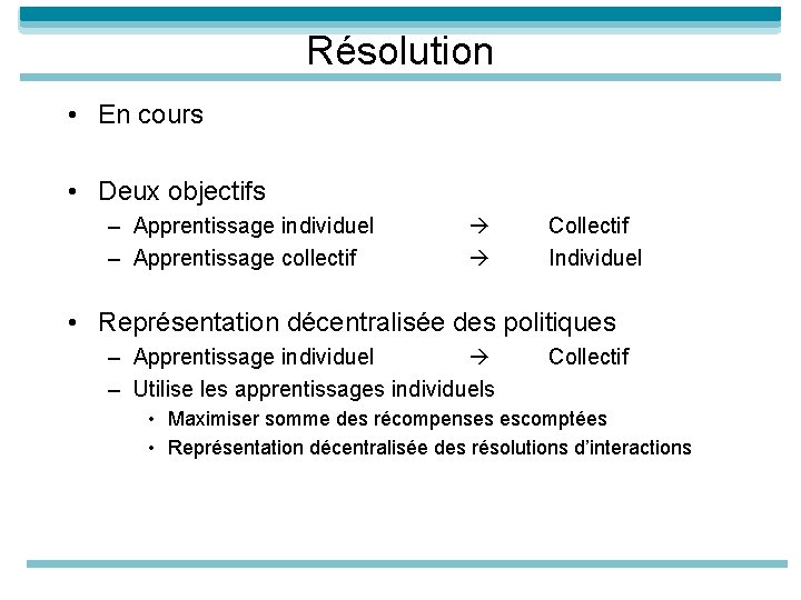 Résolution • En cours • Deux objectifs – Apprentissage individuel – Apprentissage collectif Collectif