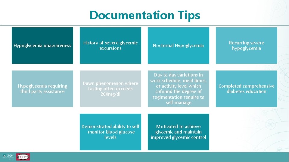 Documentation Tips Hypoglycemia unawareness Hypoglycemia requiring third party assistance History of severe glycemic excursions