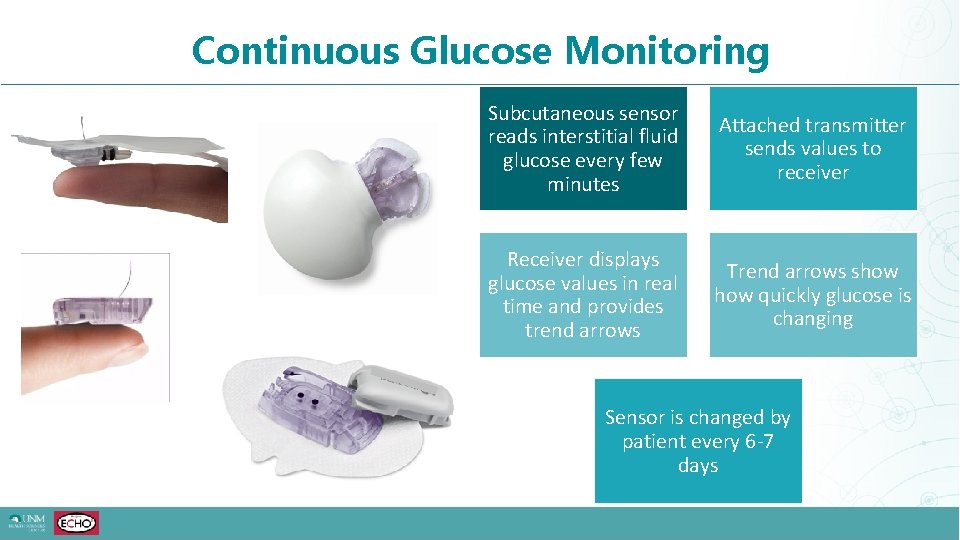 Continuous Glucose Monitoring Subcutaneous sensor reads interstitial fluid glucose every few minutes Attached transmitter