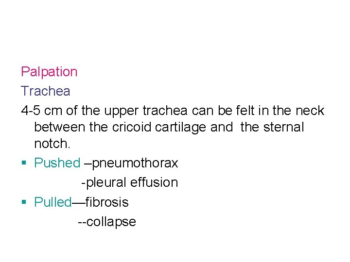 Palpation Trachea 4 -5 cm of the upper trachea can be felt in the Palpation Trachea 4 -5 cm of the upper trachea can be felt in the
