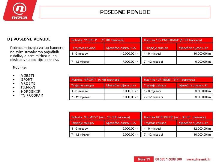 POSEBNE PONUDE D) POSEBNE PONUDE Podrazumijevaju zakup bannera na svim stranicama pojedinih rubrika, a