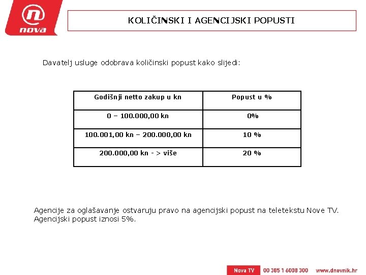 KOLIČINSKI I AGENCIJSKI POPUSTI Davatelj usluge odobrava količinski popust kako slijedi: Godišnji netto zakup