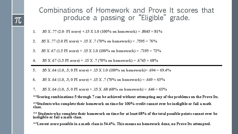 Combinations of Homework and Prove It scores that produce a passing or “Eligible” grade.