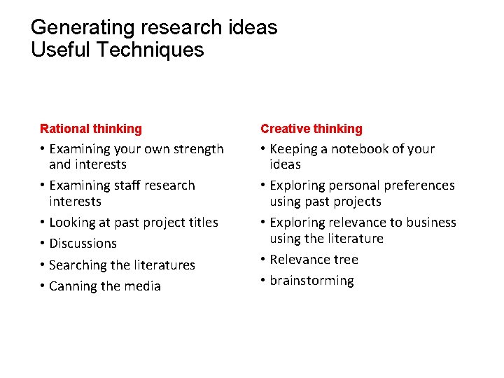 Slide 2. 6 Generating research ideas Useful Techniques Rational thinking Creative thinking • Examining