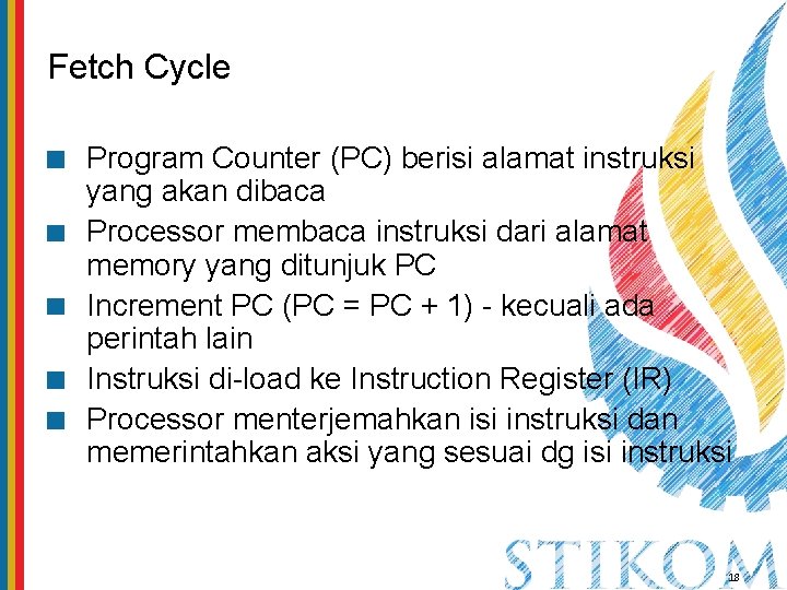 Fetch Cycle Program Counter (PC) berisi alamat instruksi yang akan dibaca Processor membaca instruksi