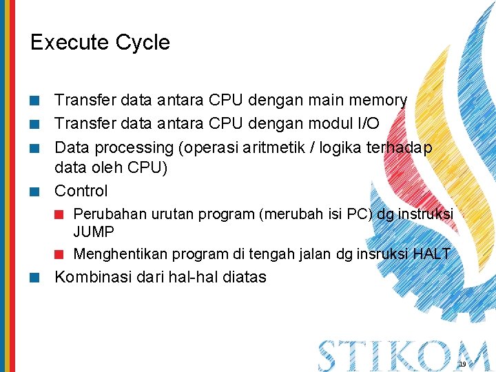 Execute Cycle Transfer data antara CPU dengan main memory Transfer data antara CPU dengan